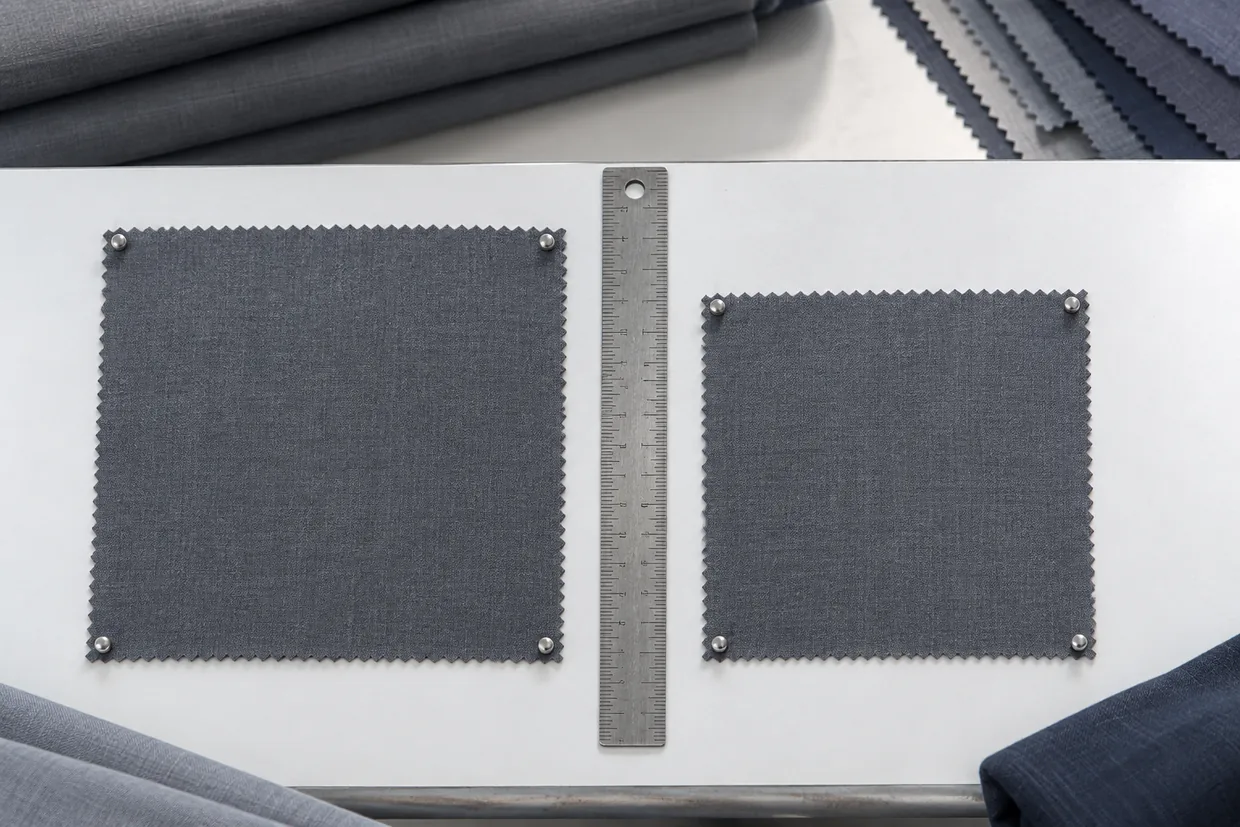Two grey suiting swatches pinned flat with a steel rule between them for comparison