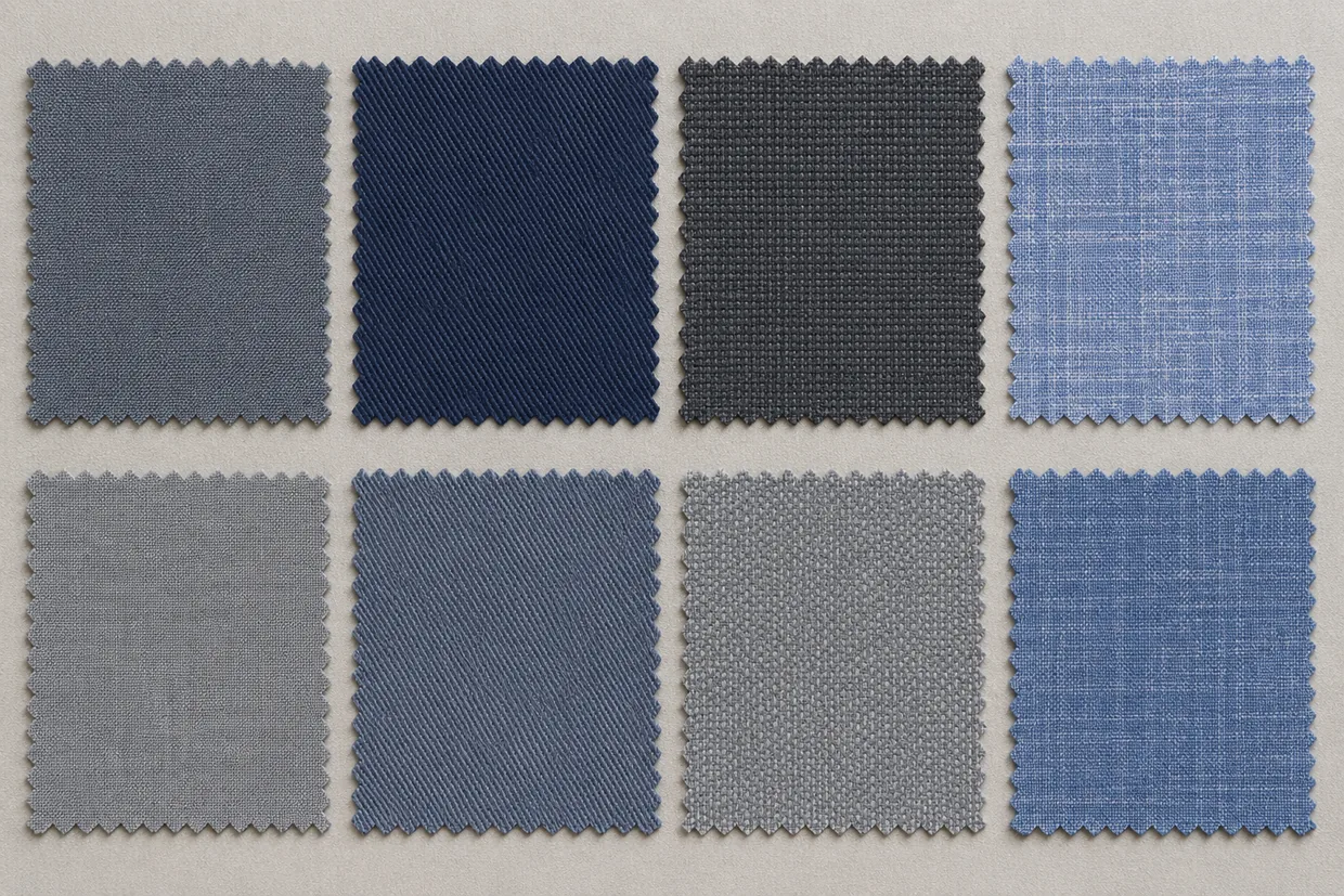 An overhead grid of plain, twill, dobby and chambray fabric swatches