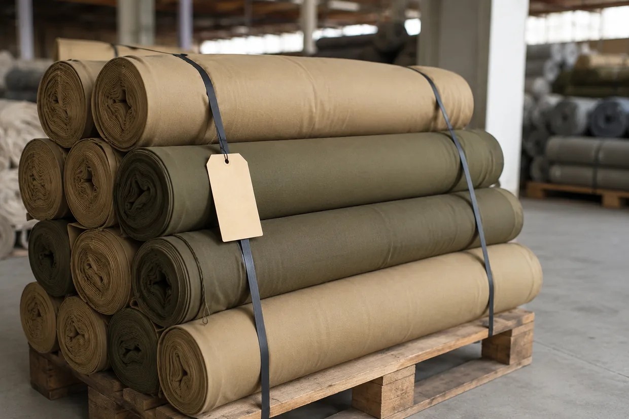 Khaki and olive uniform fabric rolls strapped on a wooden pallet with a blank tag