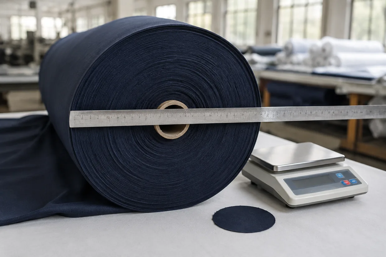 A fabric roll end-on with a steel rule across its width beside a digital scale