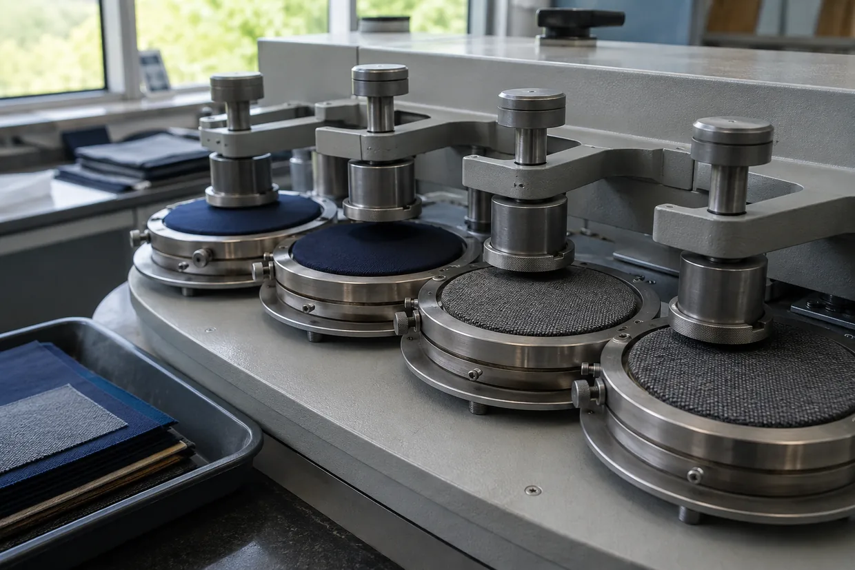 Circular fabric specimens mounted in an abrasion testing machine in the lab