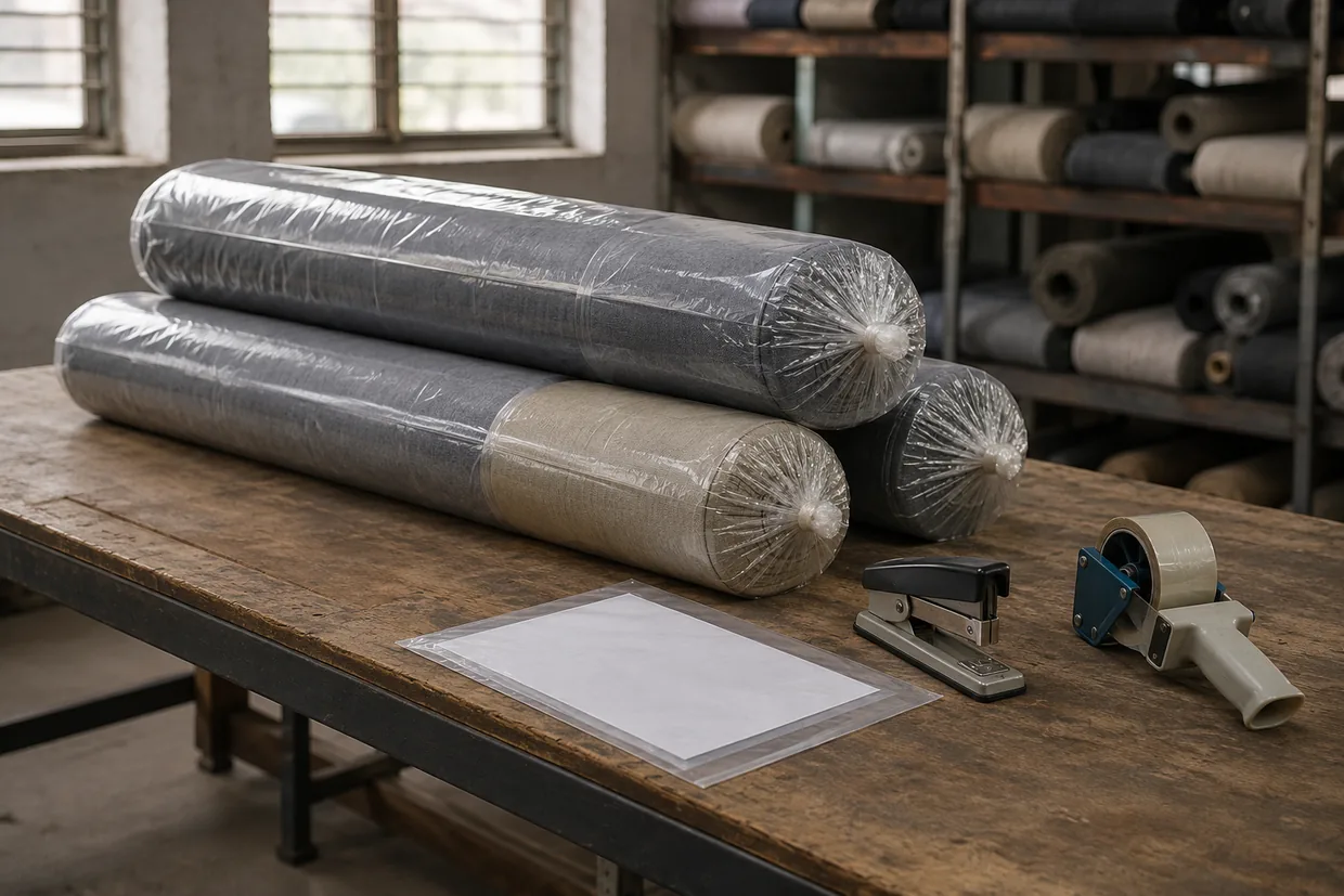 An export packing bench with wrapped fabric rolls, a label sleeve and a tape gun