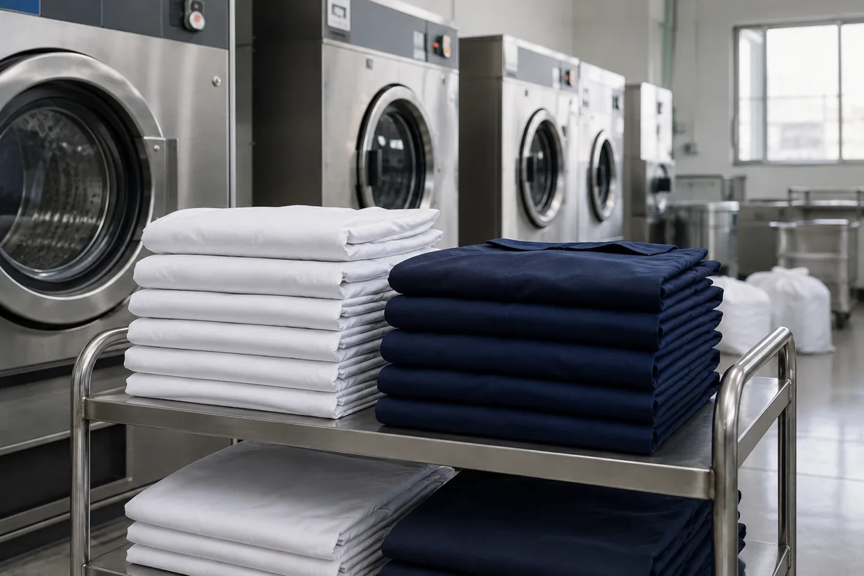 Folded white and navy uniform fabric stacked on a trolley in an industrial laundry