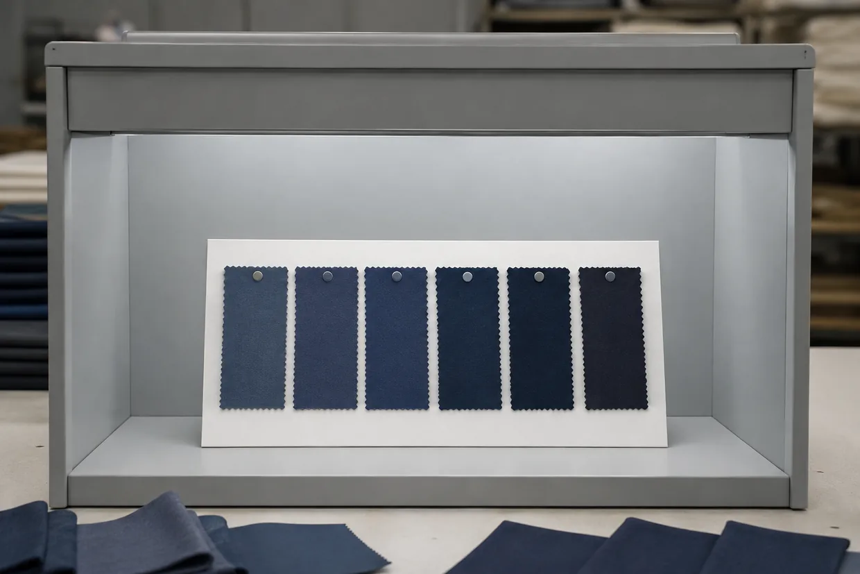Six navy lab dip swatches pinned in a gradation inside a colour matching cabinet