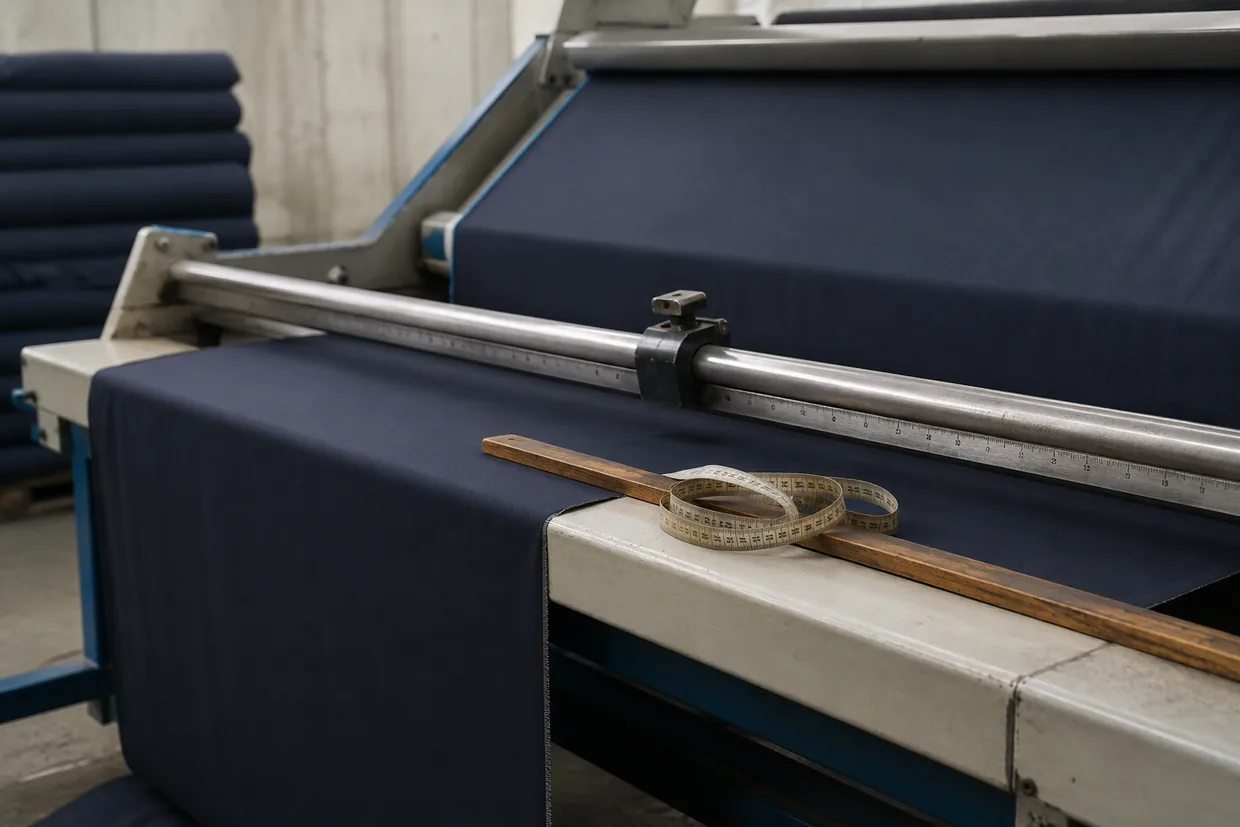 A fabric measuring machine with cloth running through it beside a wooden yardstick