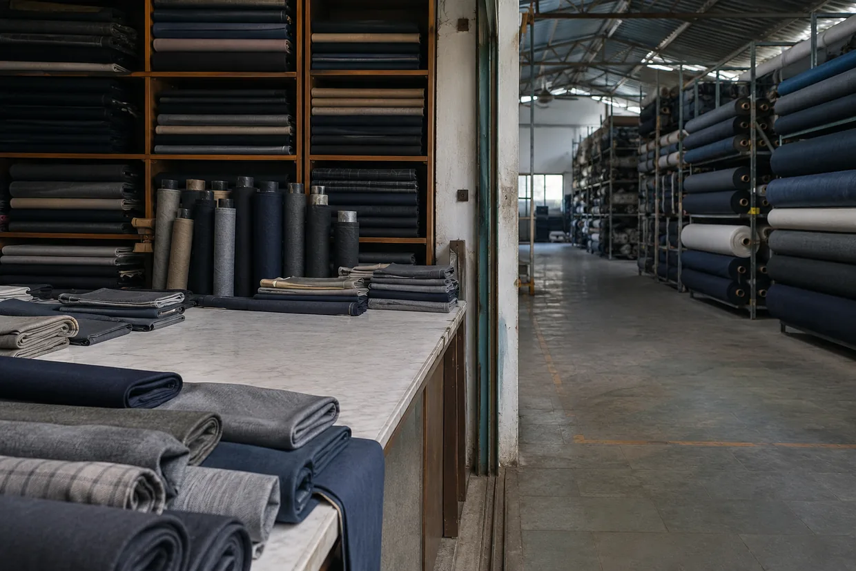 A mill warehouse aisle of full fabric rolls beside a counter of shorter cut lengths