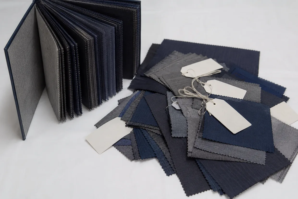 A fanned shade card book beside loose tagged fabric swatches