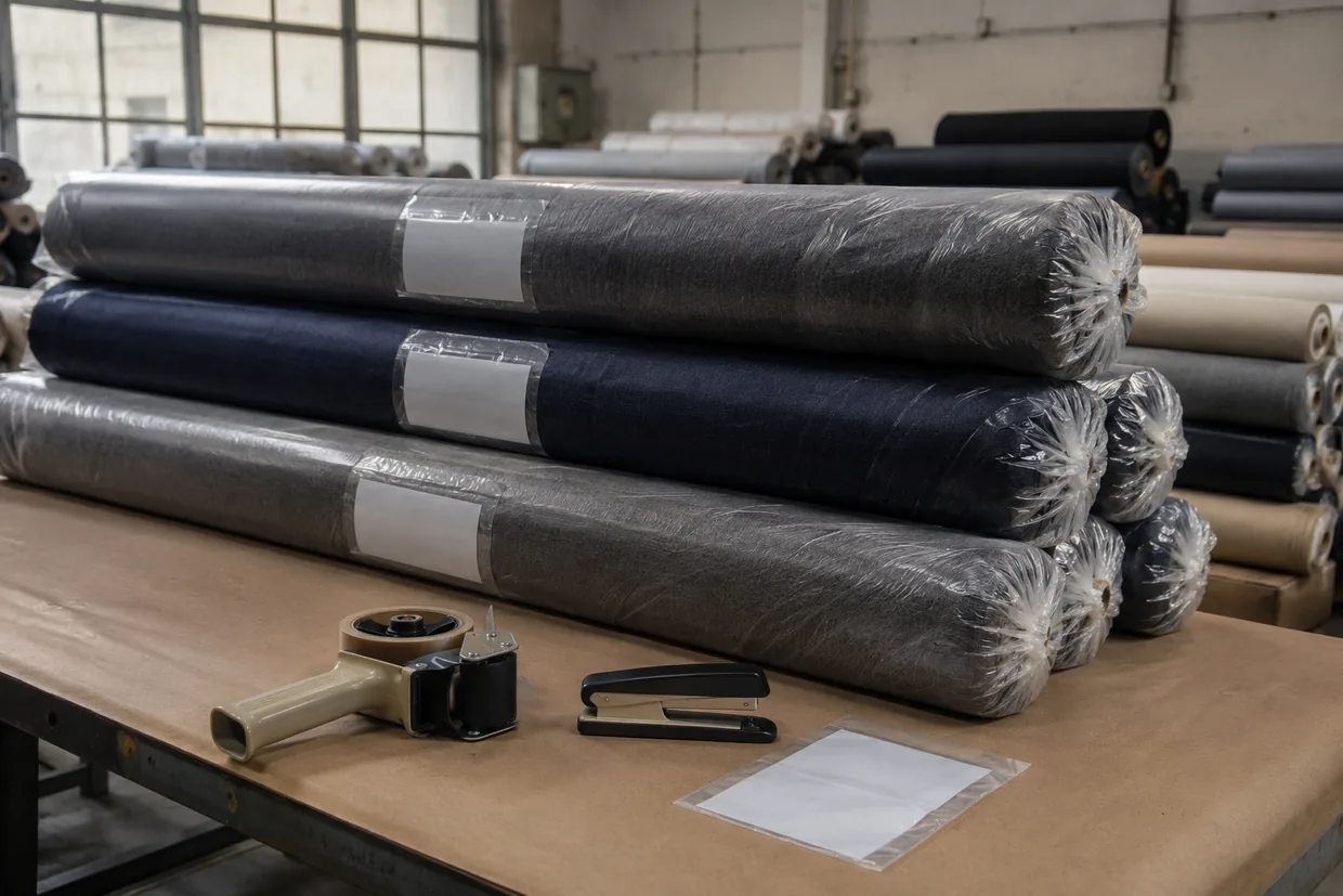 Paper-wrapped fabric roll bundles ready for export dispatch in a mill warehouse