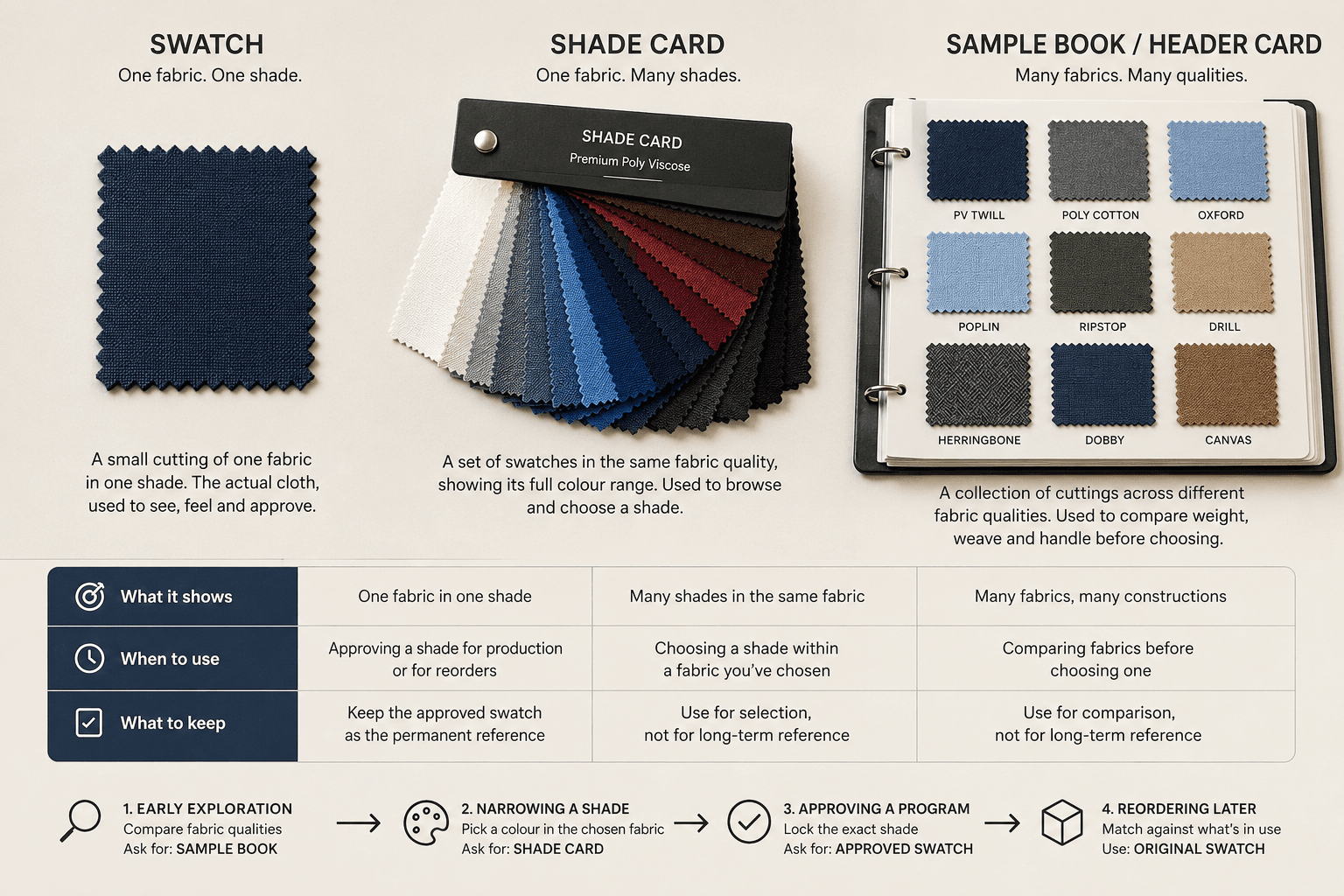 Fabric swatch, shade card and sample book compared side by side