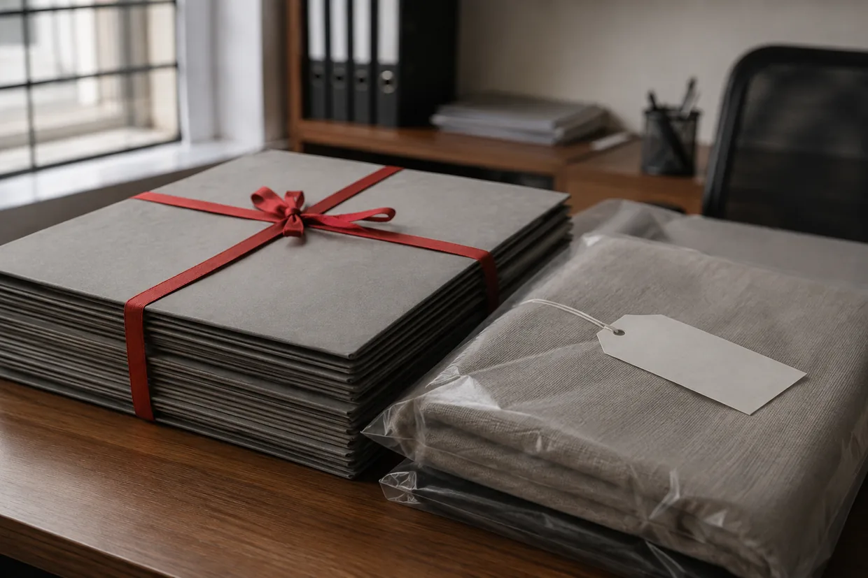 Tender document folders tied with ribbon beside a sealed cloth sample bag