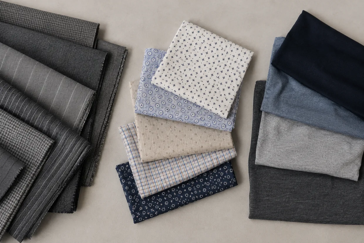 Three groups of fabric laid out by cluster specialism: suiting, printed cotton and knit