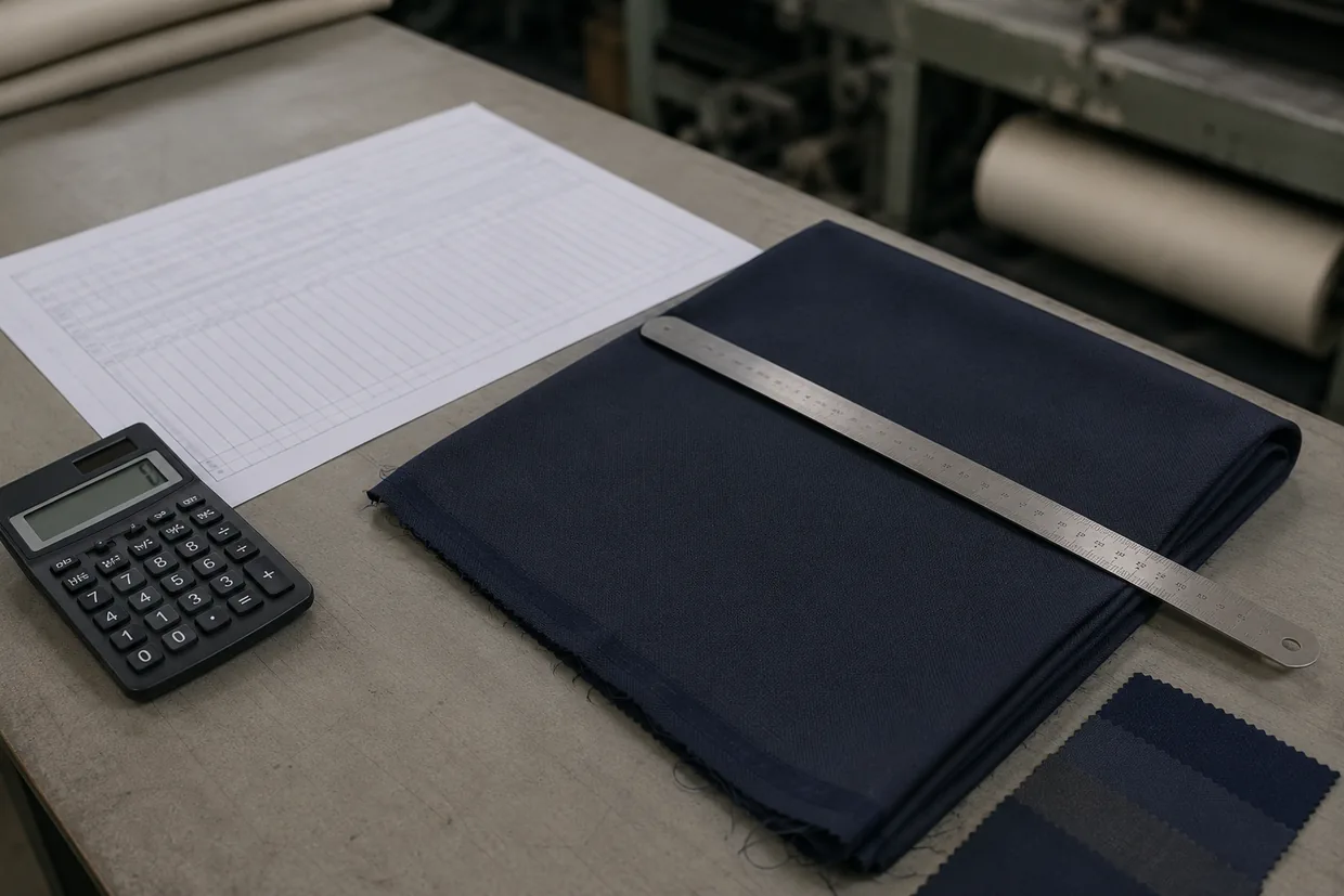 Calculator, blank quotation sheet and a folded navy suiting swatch on a mill desk