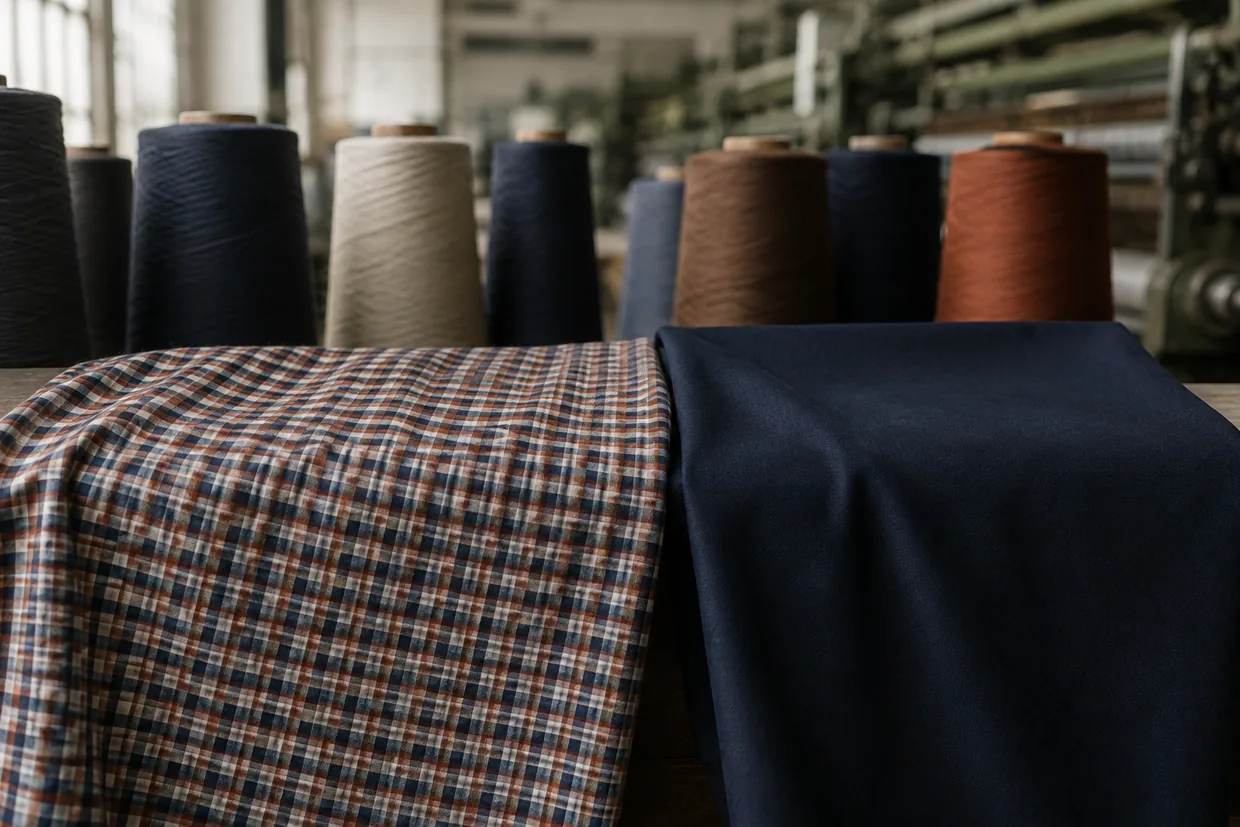 A yarn-dyed check fabric beside a solid piece-dyed navy fabric with yarn cones behind