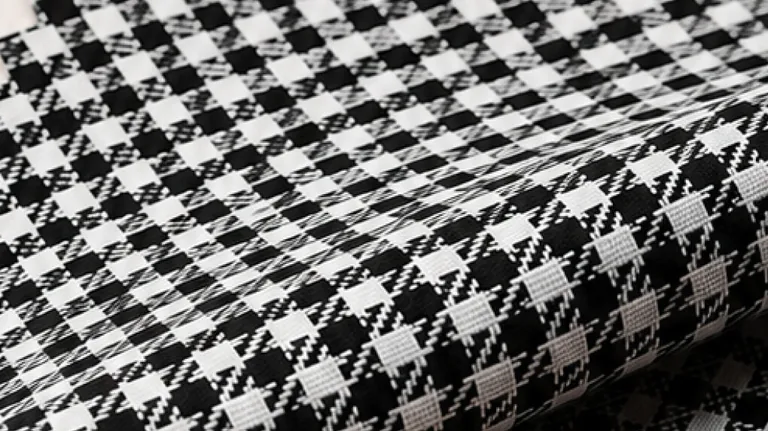 Black and white poly-viscose twill check blazer fabric folded to show the woven check and diagonal twill line