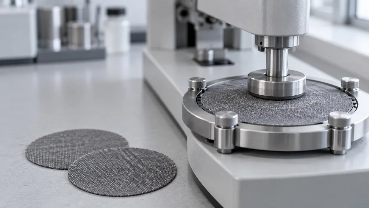 A circular grey suiting test specimen clamped in an abrasion testing machine with two further specimens on the bench