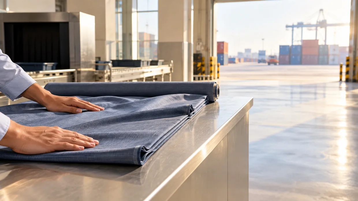 A roll of blue-grey suiting cloth opened on a customs inspection counter with a container port beyond