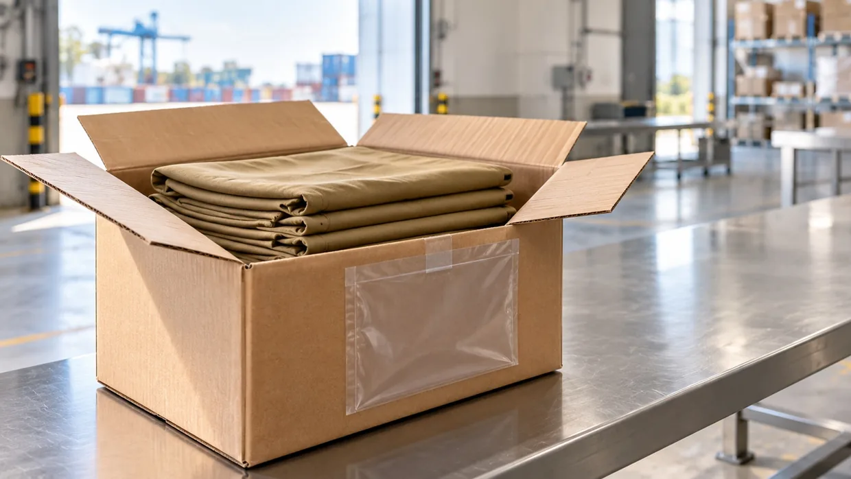 An opened carton of folded khaki uniform fabric on a steel examination table in a bright inspection bay