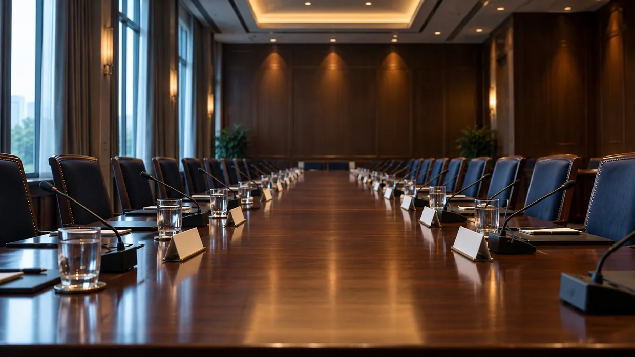 An empty summit conference table set with unmarked placards and microphones before a session