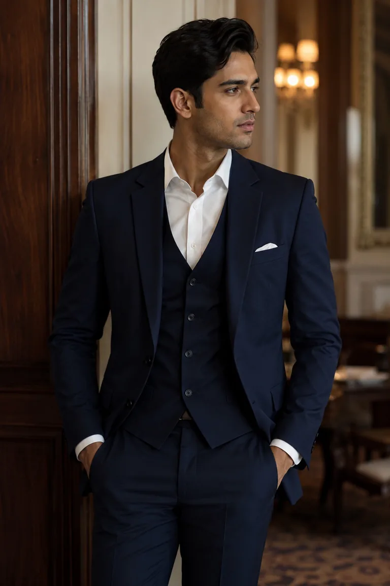 Man in a tailored navy blazer and waistcoat in a formal setting