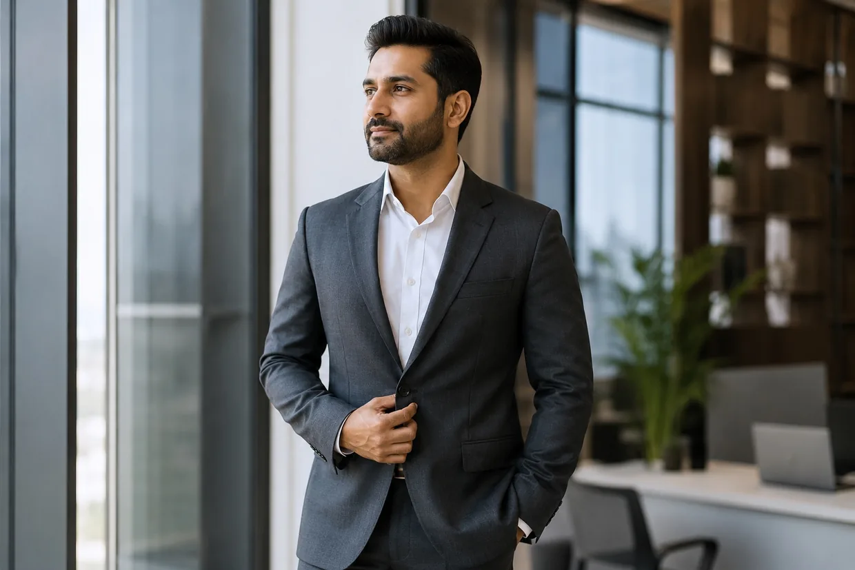 Executive in a tailored grey business suit in a modern office