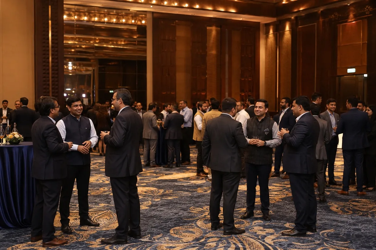 Business professionals in suiting fabric networking at a corporate event