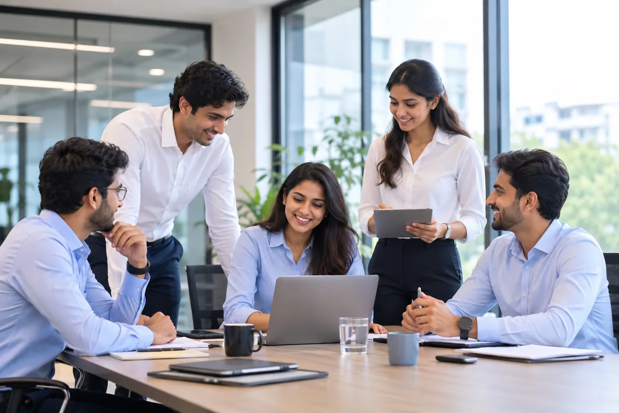 Colleagues in corporate shirting fabric collaborating in an office