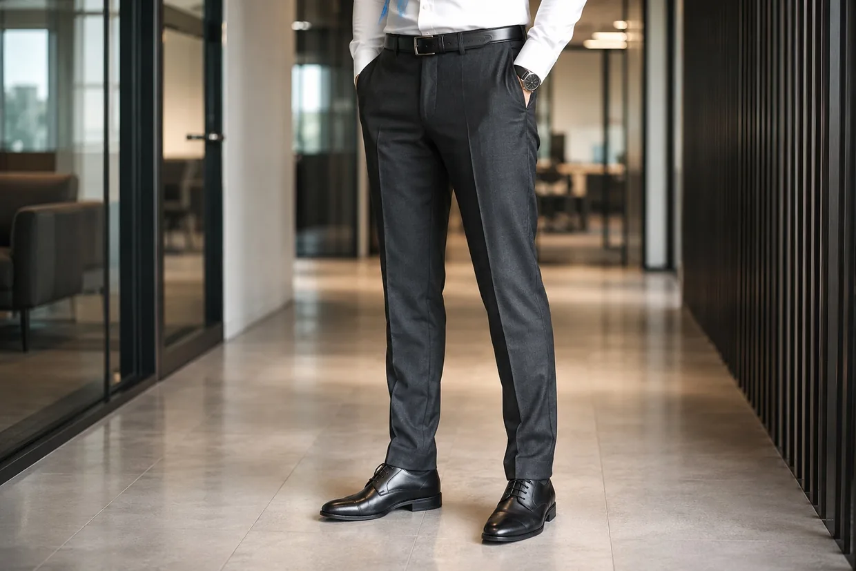 Close-up of tailored corporate trouser fabric with a sharp crease