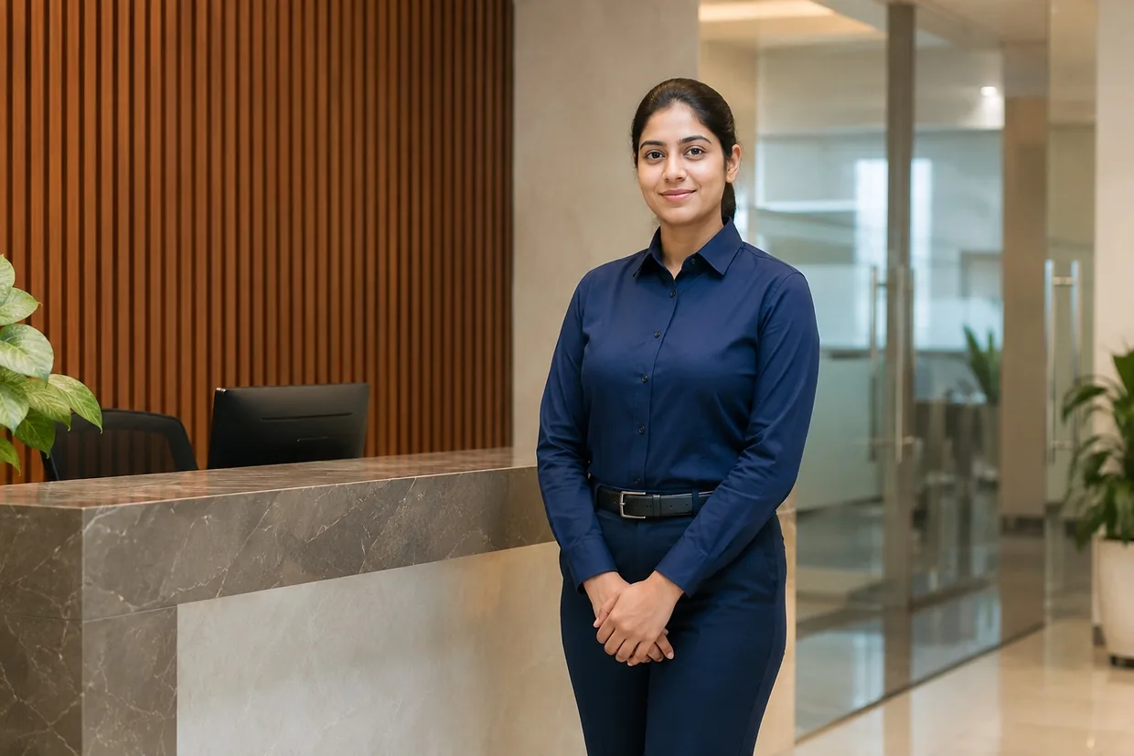Employee in a navy corporate uniform at a reception desk