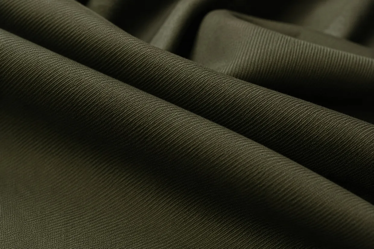 Close-up of olive-green military twill fabric showing structured weave for army uniform manufacturing