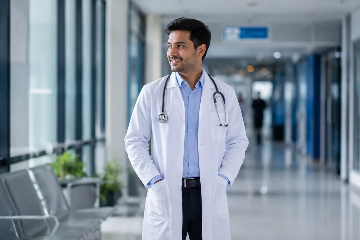 Doctor in a white coat with stethoscope in a hospital corridor