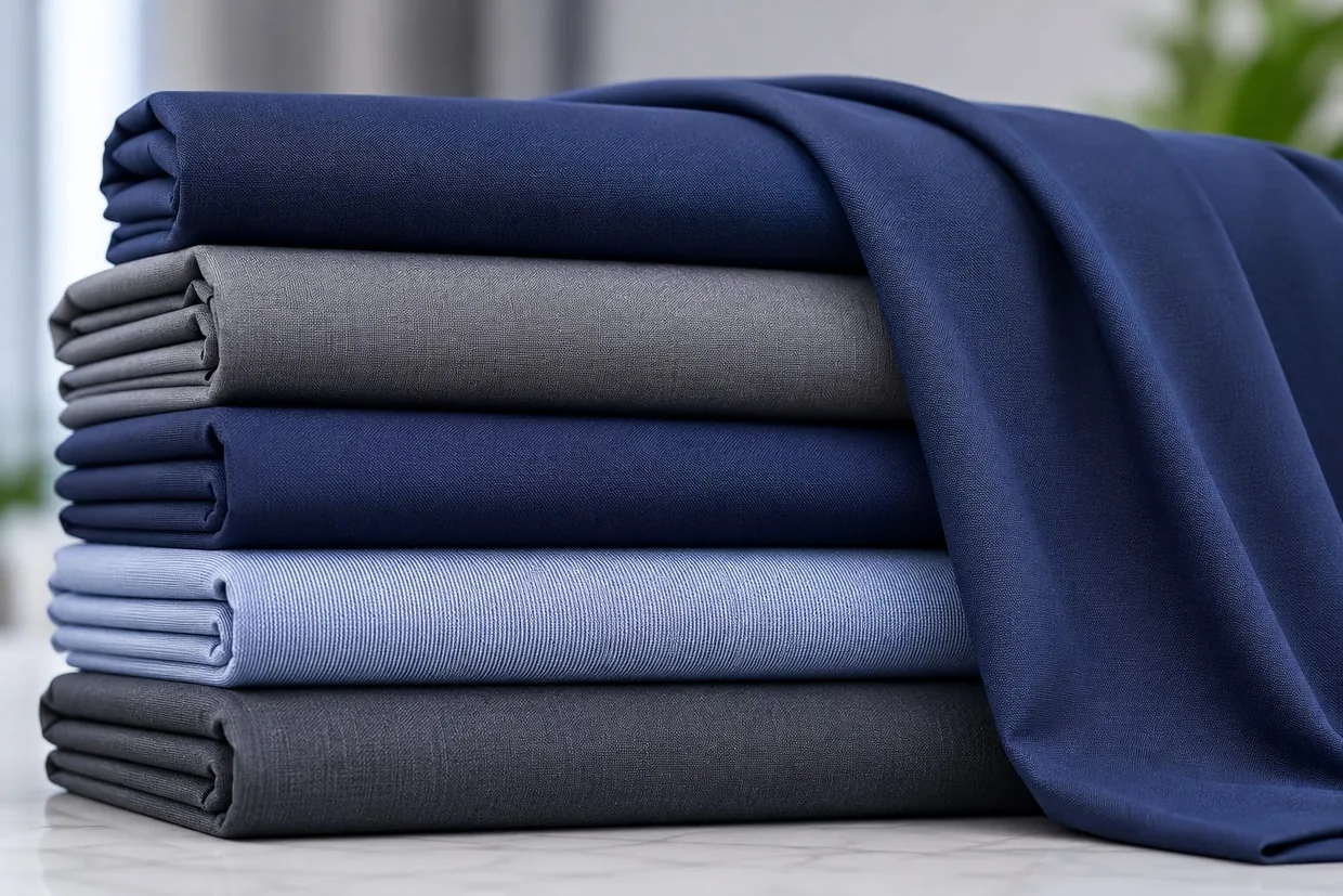 Folded stack of navy and grey hospital staff uniform fabric