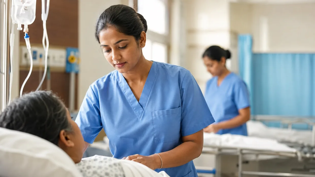 Nurse in blue scrubs attending to a patient