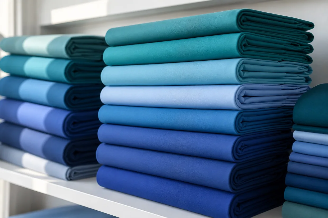 Folded stack of teal and blue surgical wear fabric