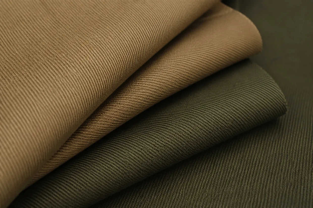 Heavy twill workwear fabric in utility khaki and olive shades suited to construction site wear