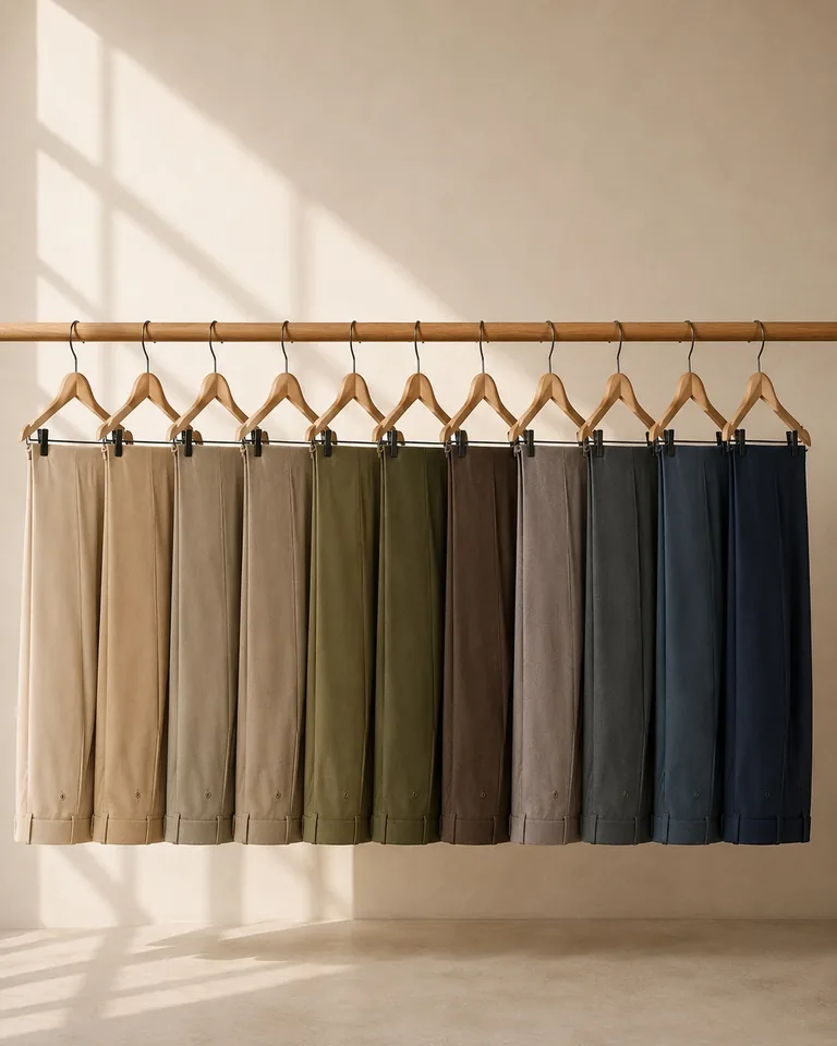 Uniform trousers in a range of dyed fabric shades hanging on a rack