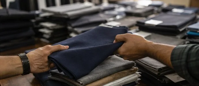 Close-up of hands exchanging folded fabric swatches for inspection, representing supplier sample review