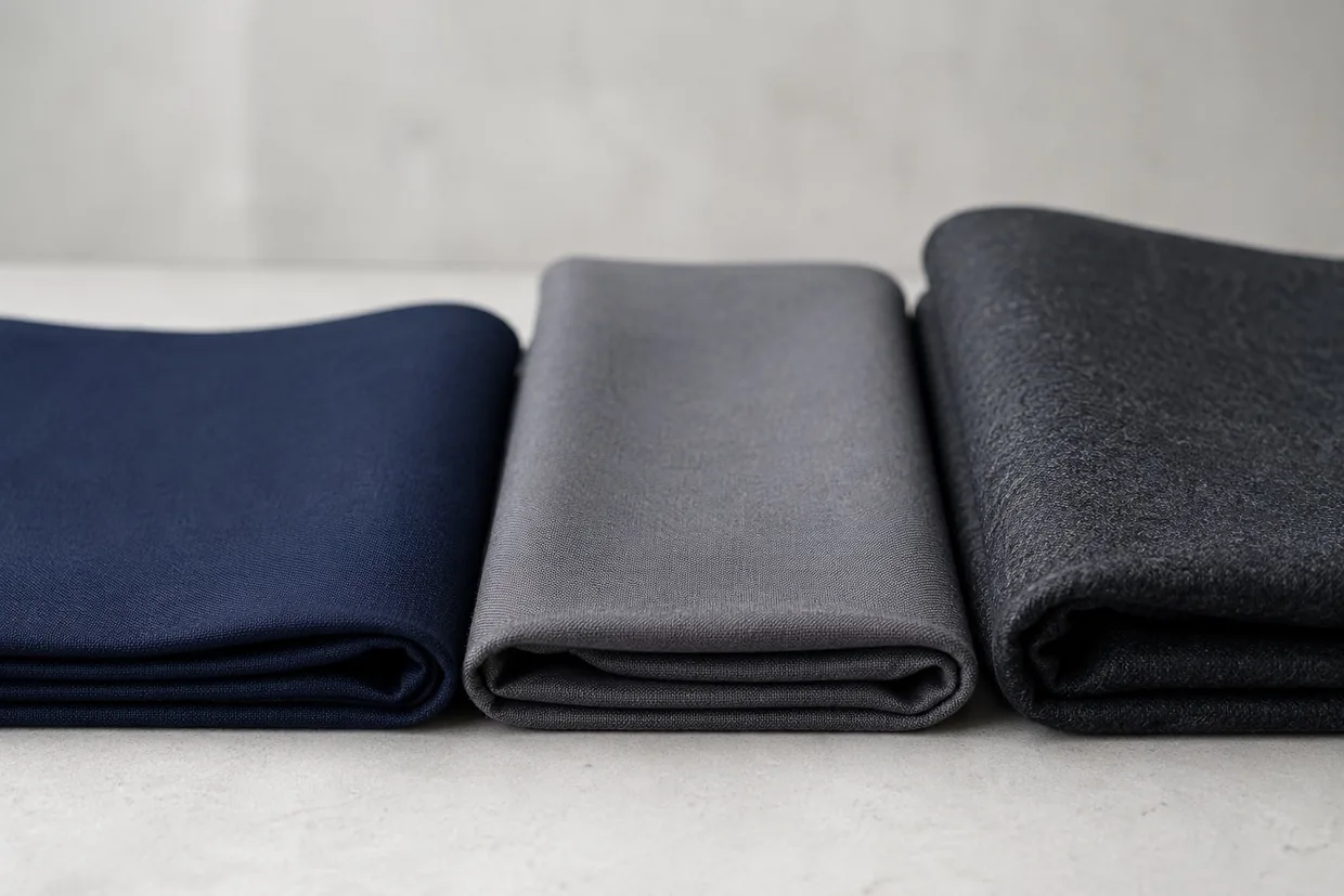 Three folded uniform fabric swatches in navy, grey and charcoal showing visibly different weights for GSM comparison