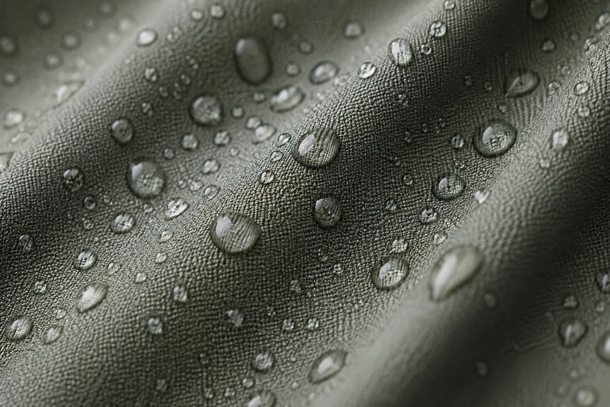 Close-up of water beading on grey-green uniform fabric, showing a moisture-control finish