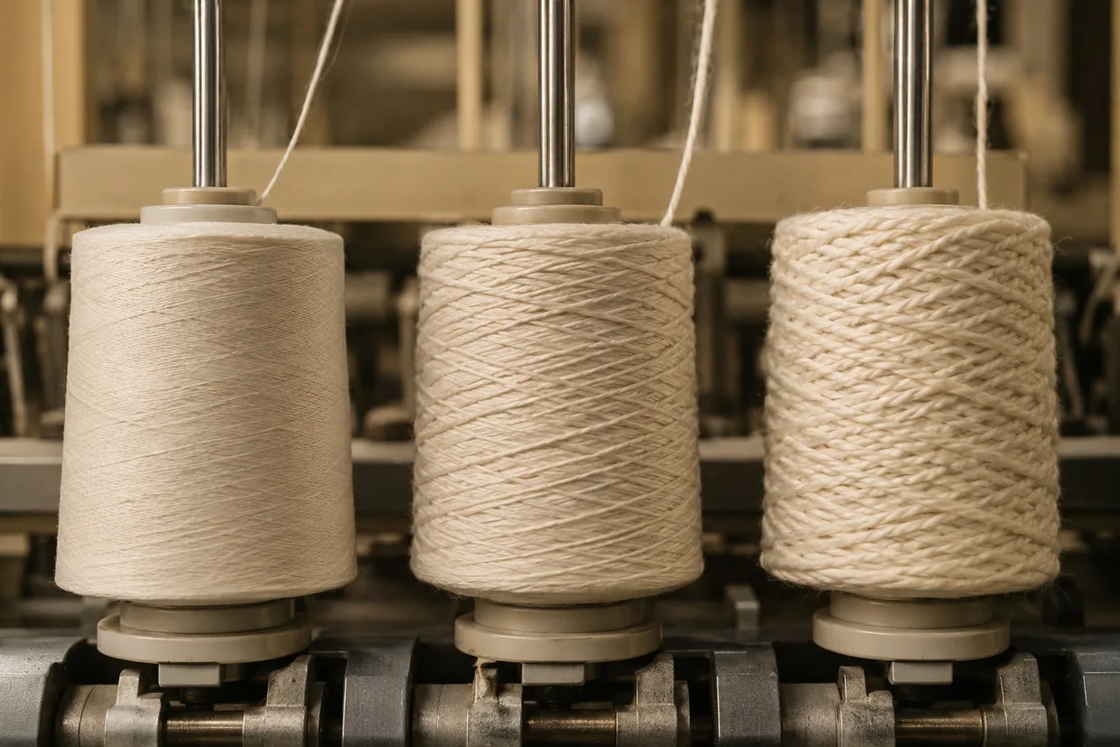 Three yarn cones of different counts side by side on a spinning frame, illustrating yarn thickness comparison